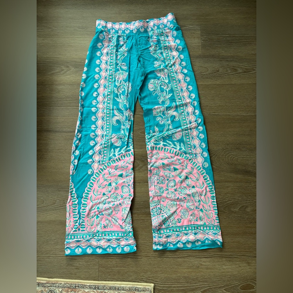 NWT Lilly Pulitzer Turquoise and Pink Bal Harbour Mid-rise Palazzo Pants